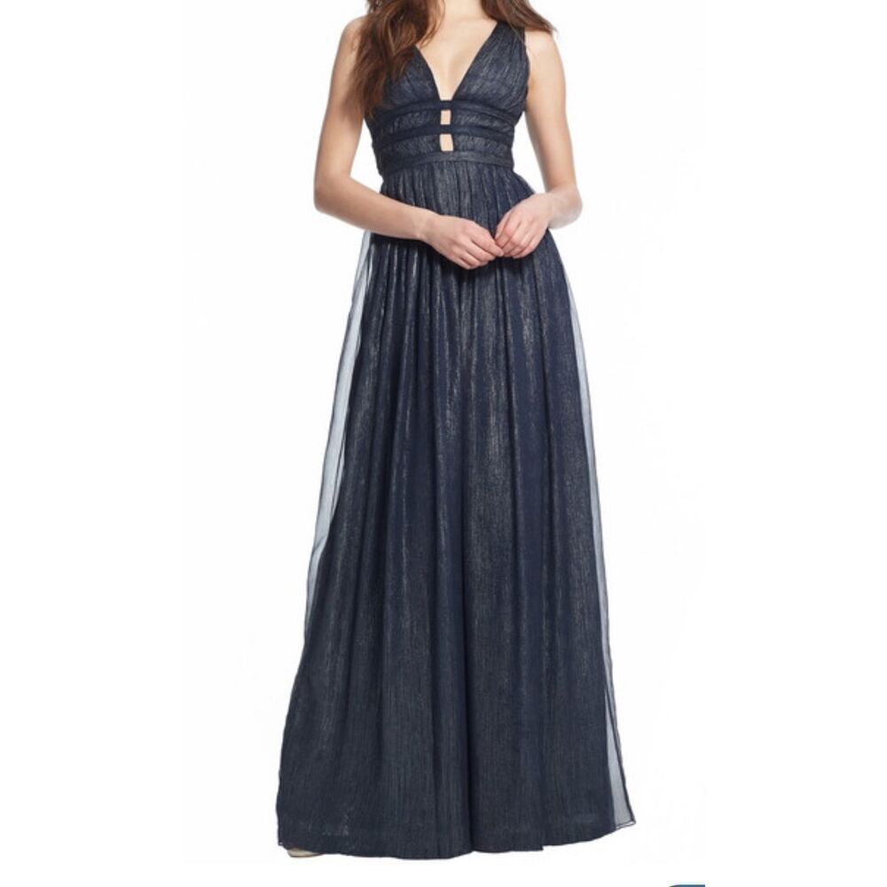 ✨ Monique Lhuillier Bridesmaids Whitney Maxi Dress Navy Silver Metallic Size 10